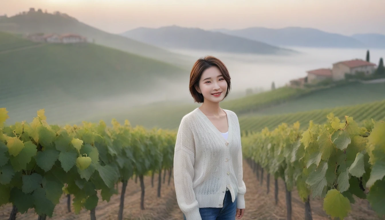 8k realistic, lifelike photo,, 36 year old Korean woman, Short in stature, pretty like a model. front view, White shirt and short cardigan, casual pants, short medium hair, Smiley, Italy. vineyard, thick dawn fog. vineyard 지나 짙은 안개 속으로 저 멀리 성당이 보인다. Full body shot from afar with a wide angle lens , 1 woman, Short in stature, looking at the camera, Excellent picture quality, The morning fog is thick, The picture quality is alive. Full body shot with Canon 16-35 wide angle lens