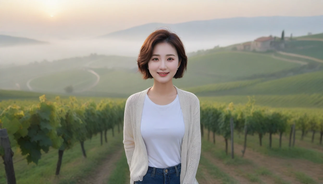 8k realistic, lifelike photo,, 36 year old Korean woman, Short in stature, pretty like a model. front view, White shirt and short cardigan, casual pants, short medium hair, Smiley, Italy. vineyard, thick dawn fog. vineyard 지나 짙은 안개 속으로 저 멀리 성당이 보인다. Full body shot from afar with a wide angle lens , 1 woman, Short in stature, looking at the camera, Excellent picture quality, The morning fog is thick, The picture quality is alive. Full body shot with Canon 16-35 wide angle lens