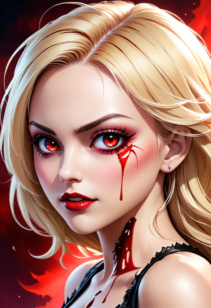 a portrait of vampire with a bloody tear coming down from he eye, an exotic beautiful female vampire, blond hair, dynamic hair style, ultra detailed face, best detailed face, dynamic eye color, ((1single red teardrop, teardrop made of blood coming down from the eye: 1.3)), Ultra-high resolution, High Contrast, (masterpiece:1.5), highest quality, Best aesthetics), 16K fantasy art, best details, best quality, highres, (ultra wide angle: 1.2), 16k, [ultra detailed], masterpiece, best quality, (extremely detailed), ladyshadow, magical sky, crying style