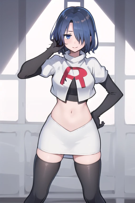 1girl,  kirishima touka, blue hair, hair over one eye, blue eyes, team rocket,team rocket uniform,white skirt,red letter R,crop top,black thigh-highs,black elbow gloves