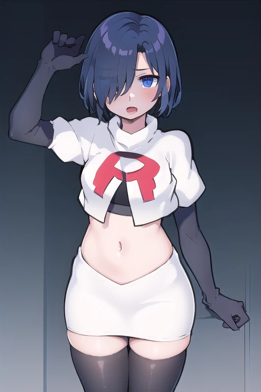 1girl, kirishima touka, blue hair, hair over one eye, blue eyes, team rocket,team rocket uniform,white skirt,red letter R,crop top,black thigh-highs,black elbow gloves