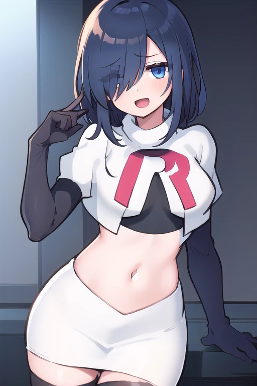 1girl,  kirishima touka, blue hair, hair over one eye, blue eyes, team rocket,team rocket uniform,white skirt,red letter R,crop top,black thigh-highs,black elbow gloves