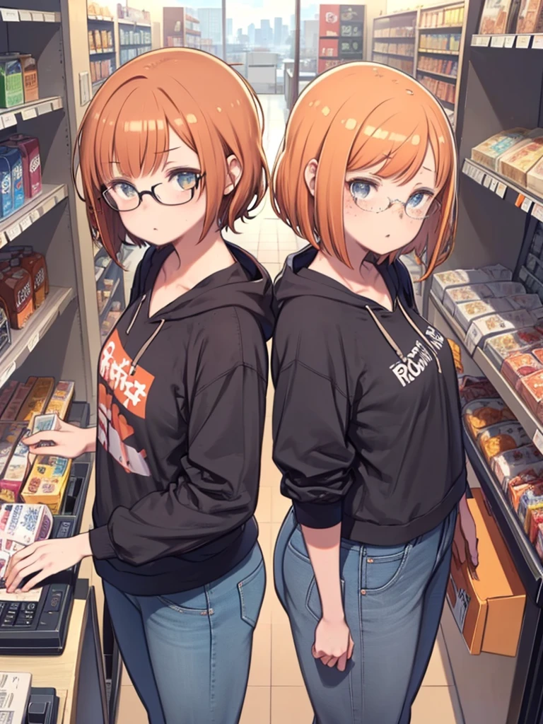 alone, 1 Female, (Short, fluffy, messy hair, Bob cut with long sideburns, red/Orange Hair Color, There are black streaks in the hair), blue eyes, Cute Face, ((the presence of freckles on the cheeks)), Average chest, Wide Hips, Thick thighs, Curvaceous figure, reddish-Orange Hoodie, Tight blue jeans, ((Thin and cute glasses)), Shy look, Slight frown, 柔らかいred面, Timid pose, ((Standing in front of the cash register at a convenience store, Top view)), (masterpiece, 4k quality, Perfect Anatomy, Perfect hands),