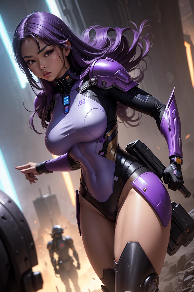 A beautiful, exuberant and very young cybernetic android warrior with black African and oriental Japanese and Chinese features, mixed with the clone of the Greek goddess Athena, with super giant breasts, purple eyes, transformed into a super sensual and extremely muscular astronaut, fitness, fit bodybuilder and weightlifter, wearing very short, purple and very straight hair in locks, wearing cyberpunk battle clothes, exploring a mysterious planet in a sci-fi environment, encountering a huge alien monolith on its back
