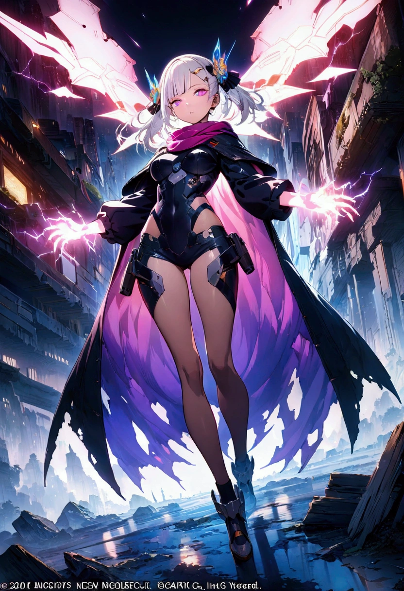A beautiful girl wearing a cyberpunk-style mecha flying in the sky, cape, scarf, Long legs, Long white hair,Hair accessories, electricity,flame,ice,gem,cloud, Metal Material,Wood texture, Depth of Field, Blurred background,A fusion of aesthetics and dynamics,Wide-angle lens ,(masterpiece, Top quality, best quality, Official Art, beautiful and aesthetic:1.2), Fractal Art, rich and colorful, Glowing skin,