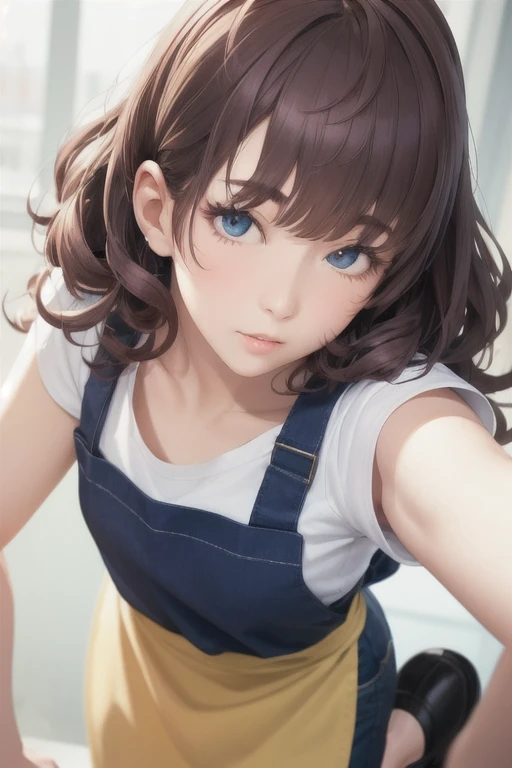 girl,Character design sheet,Beautiful attention to detail,Beautiful lip detail,Very detailed目と顔,Long eyelashes,Realistic,photoRealistic:1.37,Very detailed,Professional,Vibrant colors,Portraiture,Studio Lighting,Sharp focus,Physically Based Rendering,High resolution,超High resolution. blue eyes,Big eyes, Close ~ eyes,Long Hair,Curly hair、Black Hair,Red cheeks,Lower eyes,apron,White Shirt,pants,Simple shoes,Standing posture,model