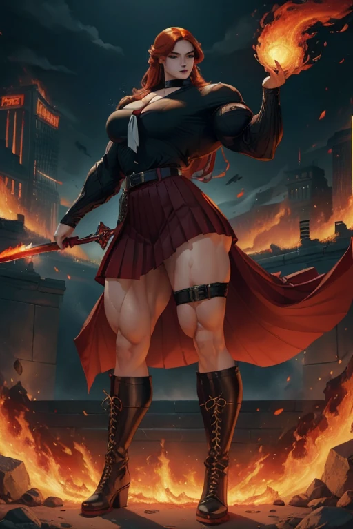 ((Massive tall, beautiful, buff, pale white skinned muscular asian woman with red hair, black lipstick, ginormous bulky muscles, carrying a fire sword and wearing a red long sleeve pleated shirt with beautiful long pleated skirt)), ((close view)), (massive muscles), long hair, yellow eyes, choker, ((red long sleeve pleated shirt and tie)), neck tie, ((beautiful long pleated skirt)), belt, thigh high socks, black boots, (in a fire city), closed smile, night, massive muscles