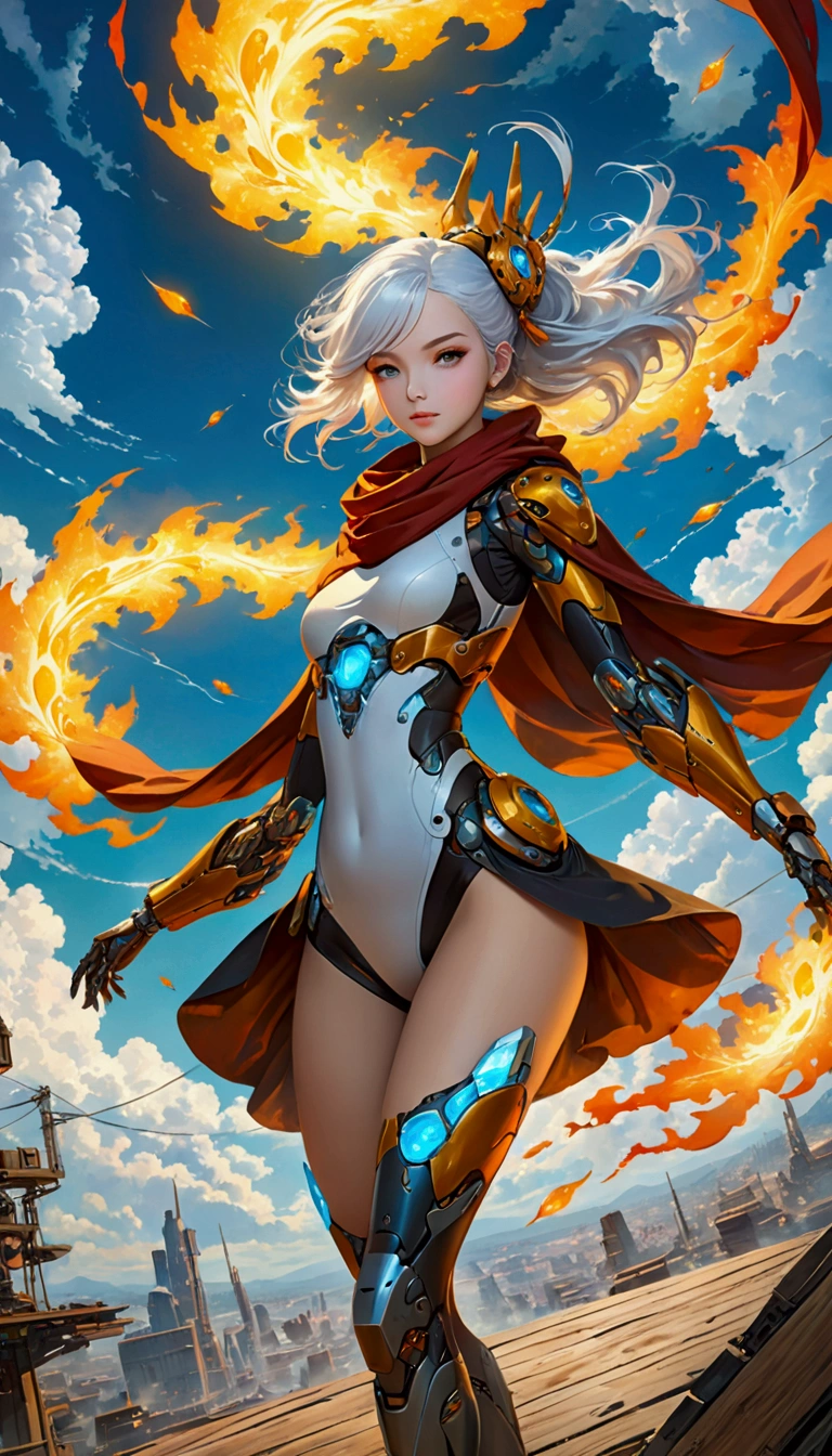 A beautiful girl wearing a cyberpunk-style mecha flying in the sky, cape, scarf, Long legs, Long white hair,Hair accessories, electricity，flame，ice，gem，cloud, Metal Material，Wood texture, Depth of Field, Blurred background,A fusion of aesthetics and dynamics,Wide-angle lens ,(masterpiece, Top quality, best quality, Official Art, beautiful and aesthetic:1.2), Fractal Art, rich and colorful, Glowing skin,