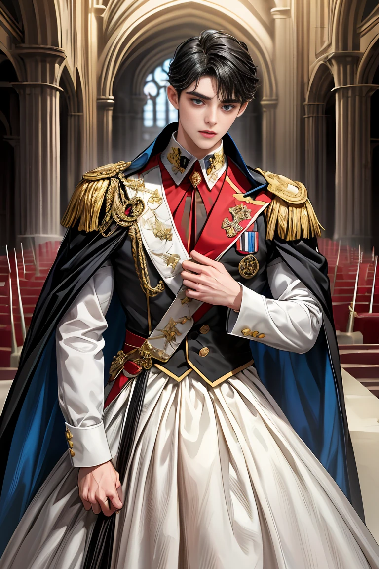 masterpiece, 最high quality, high quality, 1 boy, alone, Male focus, Watching the audience, Messy black hair, Adorable big blue eyes, White people, Noble, Noble,Sexy voluminous cape、vampire、A very voluminous, large, very large, very large, long, long red and black cape with a high stand-up collar, made of a lot of fabric that reaches down to the floor., ,Cute beautiful boys,Cute, cute, kind, handsome guy