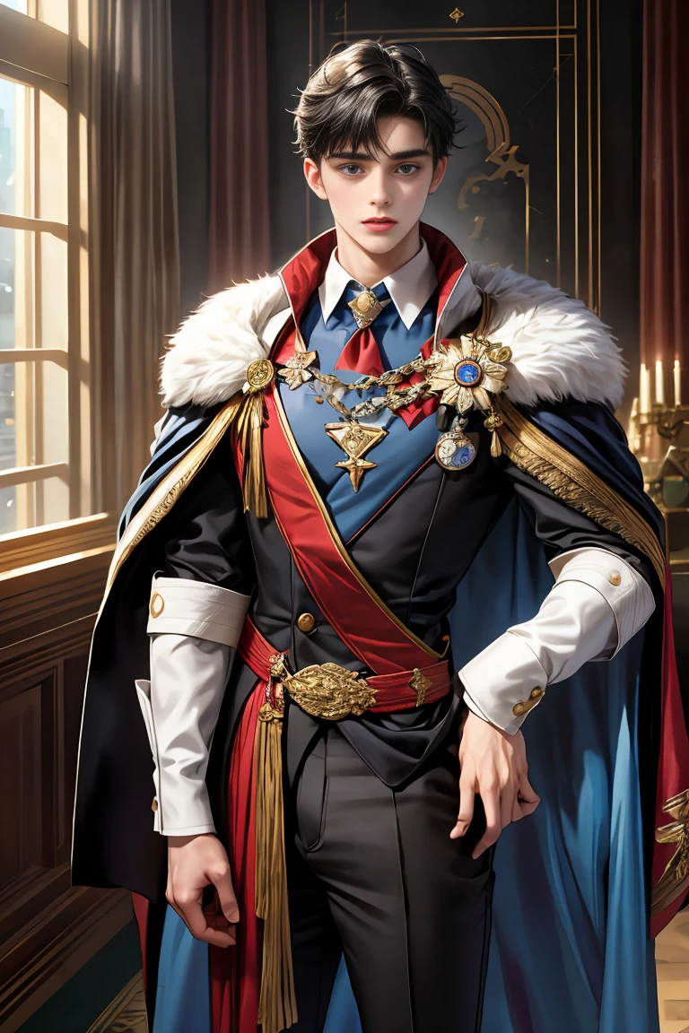 masterpiece, 最high quality, high quality, 1 boy, alone, Male focus, Watching the audience, Messy black hair, Adorable big blue eyes, White people, Noble, Noble,Sexy voluminous cape、vampire、A very voluminous, large, very large, very large, long, long red and black cape with a high stand-up collar, made of a lot of fabric that reaches down to the floor., 17 years old,Cute beautiful boys,Cute, cute, kind, handsome guy