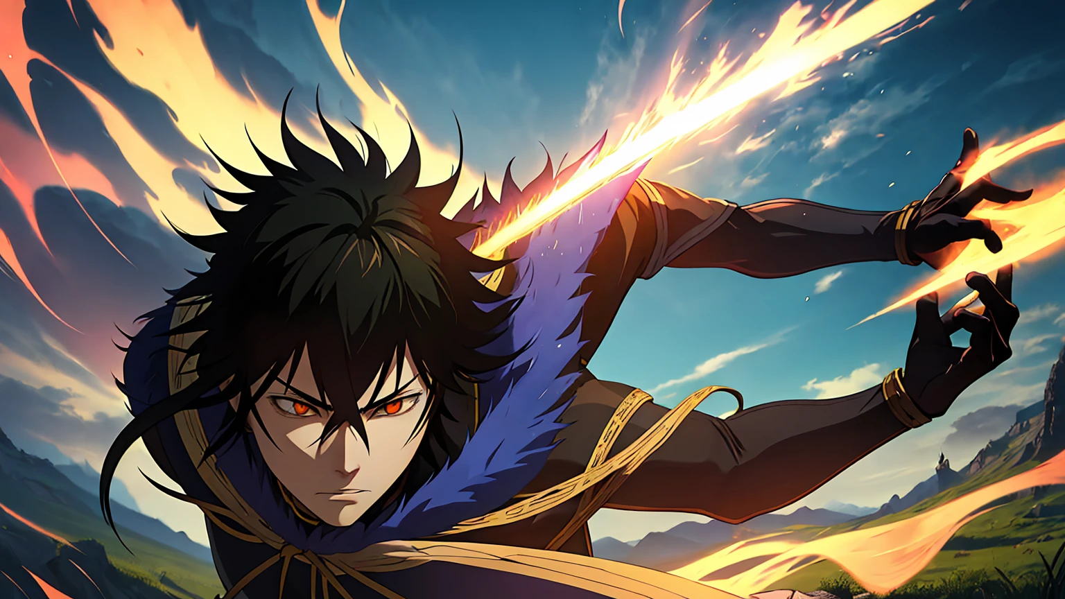 A powerful anime-style character with spiky black hair, intense expression, and wielding an anti-magic sword, training in a lush green field, book of anti-magic in the background, (best quality,4k,8k,highres,masterpiece:1.2),ultra-detailed,(realistic,photorealistic,photo-realistic:1.37),extremely detailed face and eyes,extremely detailed sword,extremely detailed magical effects,cinematic lighting,vibrant colors,dynamic pose,dramatic shadows,fantasy,dark fantasy,action,adventure