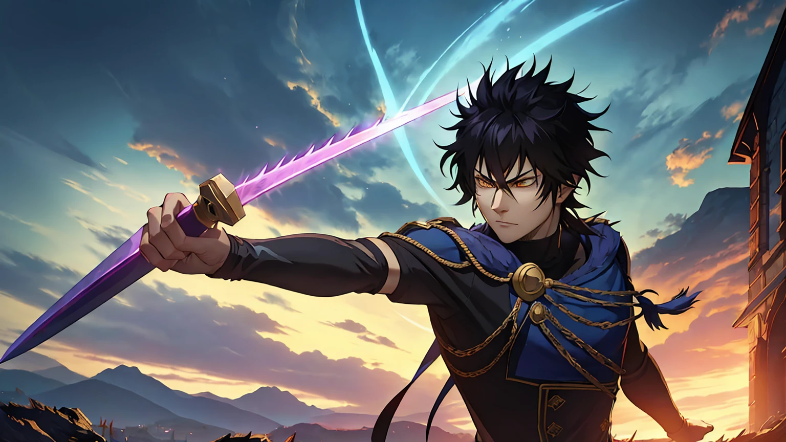 A powerful anime-style character with spiky black hair, intense expression, and wielding an anti-magic sword, training in a lush green field, book of anti-magic in the background, (best quality,4k,8k,highres,masterpiece:1.2),ultra-detailed,(realistic,photorealistic,photo-realistic:1.37),extremely detailed face and eyes,extremely detailed sword,extremely detailed magical effects,cinematic lighting,vibrant colors,dynamic pose,dramatic shadows,fantasy,dark fantasy,action,adventure