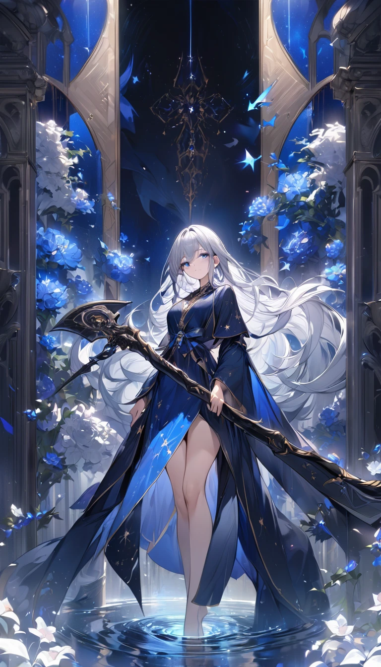 Highest quality,masterpiece,Detailed Details,Super detailed,Detailed facial expressions,colorful,The background is dark blue water,Transparency,Use HDR technology to create a sense of depth,beautiful,beautiful自然,Sacred atmosphere,Girl,Alone,Wearing starry wizard robes,Stand in the center of the screen,The whole body faces this way,Look diagonally forward to the left,holding a scythe,A scythe blade made from a blue gem.,A scythe handle made from a black gem.,Narrow and gentle eyes,mysterious,Long silver hair decorated with blue flowers,Fantasy atmosphere,beautiful虹色の蝶々is flying in the air