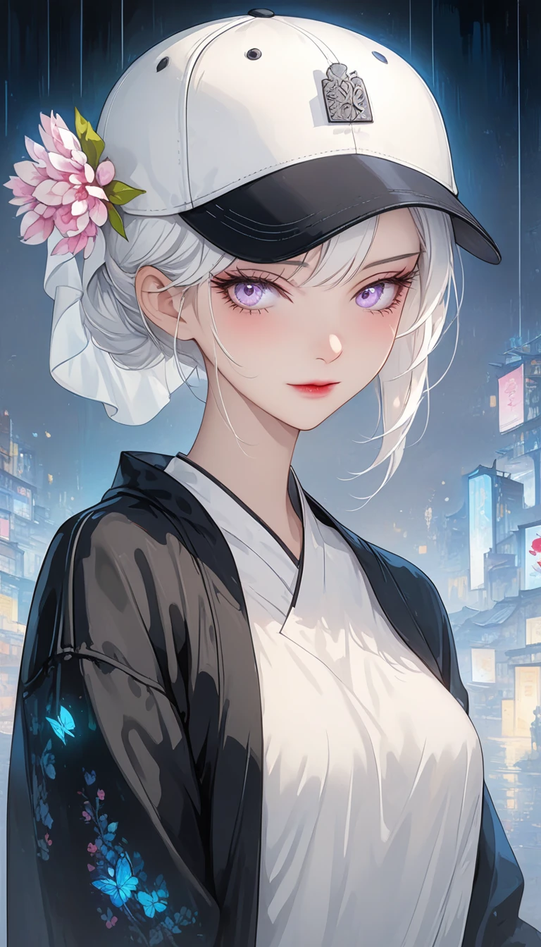 masterpiece, best quality, 4K, Ultra HD, Sanzhuang City, , Beautiful eyes and delicate face, illustration, Exquisite and detailed, high resolution illustration, Luminescence_White_particle, 1 Girl, White hair, Lilac eyes, Hair covering one eye, Short side details, Baseball cap,Poker face, curtain, Black jacket, Chest hanging, Cyberpunk, Technical clothing,(Impressionism:1.4)