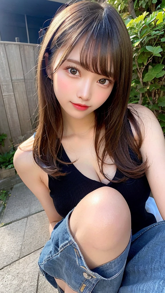 highest quality, shape, Very detailed, finely, High resolution, 8k wallpaper, Perfect dynamic shape, Beautiful and detailed, Summer clothes,Medium Hair,Natural color lip,smile,20-year-old girl、Midnight、Beautiful and elaborate face、Perfect and beautiful face、Slim face and figure,spread your arms wide,Big eyes,Take a photo with your face raised from below your knees、Small face、Beautifully detailed face、Perfect and beautiful double eyelids、Big cleavage、Long, Slender legs、One Woman、gravure、Skinny jeans、Watching the audience、runVery long hair, Blushing, 