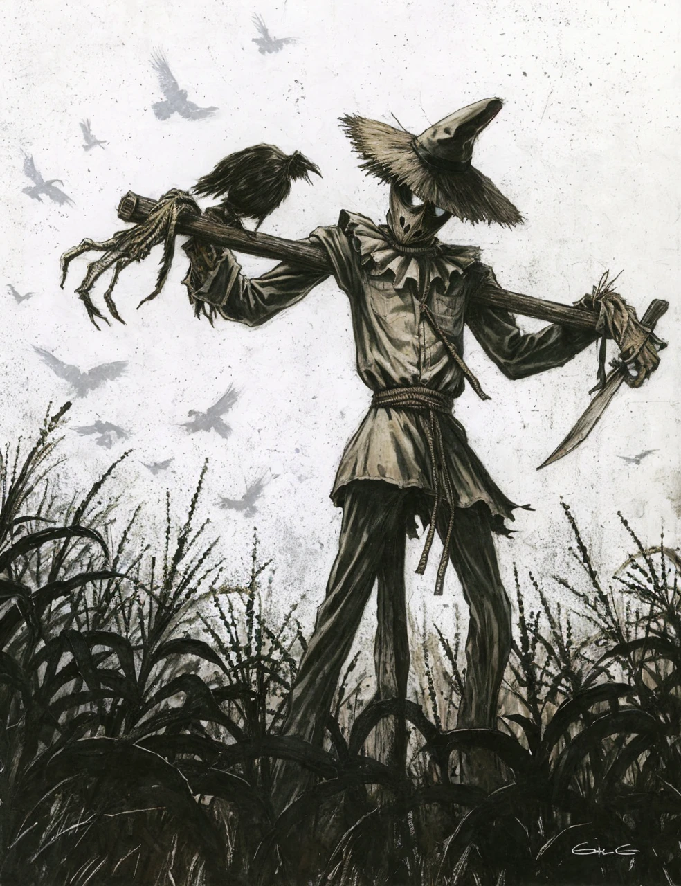 One person mode a boy back touching towards a wall he is scared and a scarecrow is standing in front of him scarecrow is taller and dangerous.