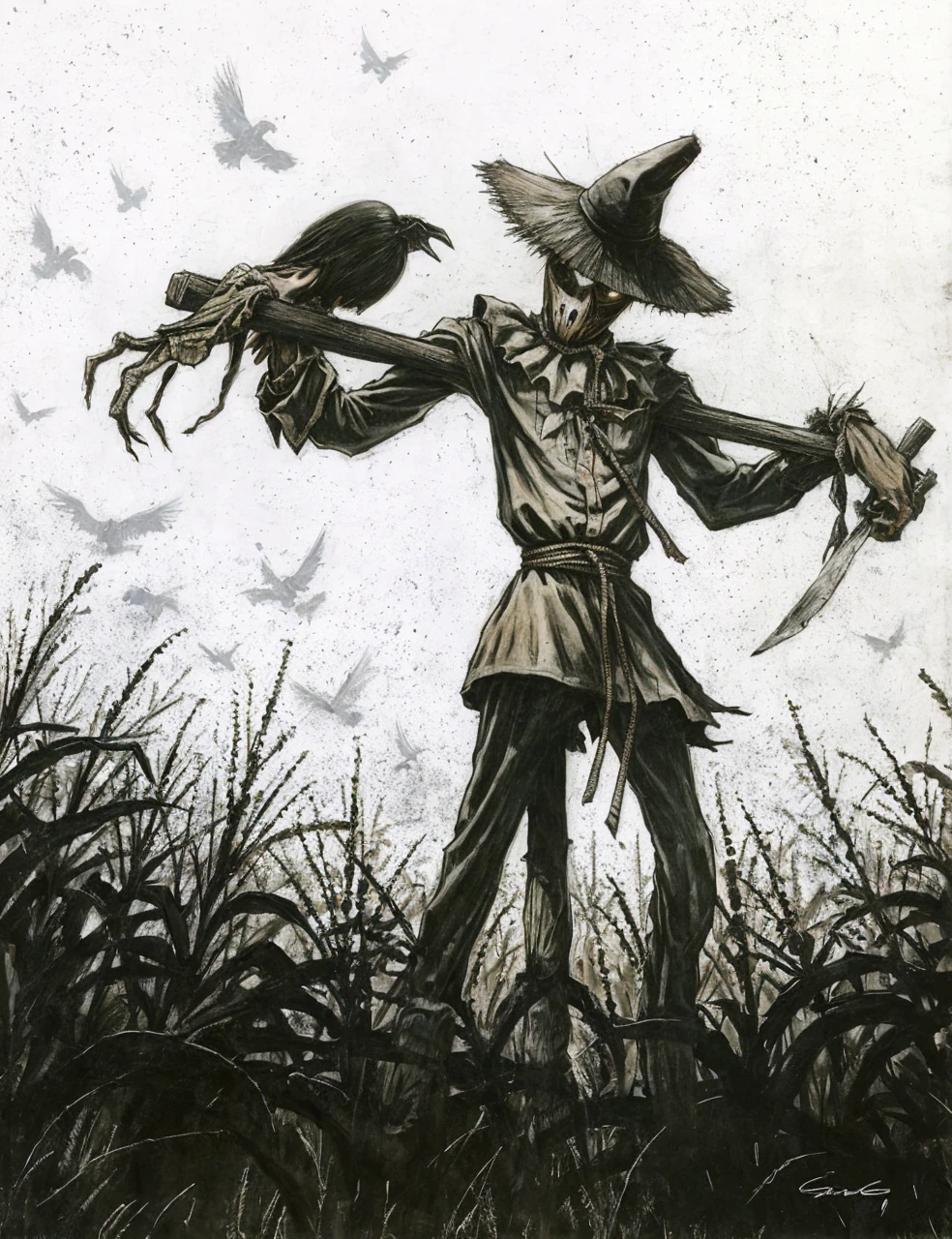 One person mode a boy back touching towards a wall he is scared and a scarecrow is standing in front of him scarecrow is taller and dangerous.