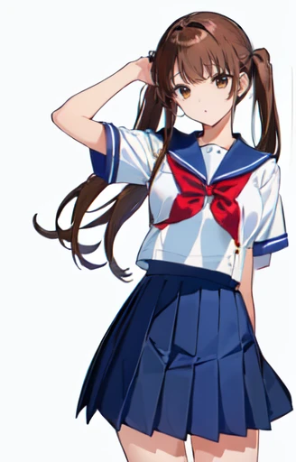 ((Highest quality)), ((masterpiece)), (detailed), ((One Girl))、(middle School girls)、((A photo showing your thighs to the top of your head))、(Standing straight, facing the camera)、School uniforms、Sailor suit、Pleated skirt、Brown Hair、Brown eyes、Twin tail hair、Young face、low length、Slender figure、Small breasts、White background