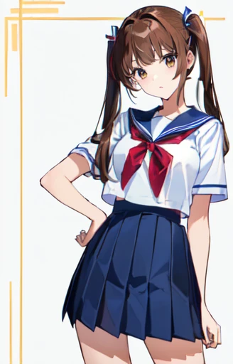 ((Highest quality)), ((masterpiece)), (detailed), ((One Girl))、(middle School girls)、((A photo showing your thighs to the top of your head))、(Standing straight, facing the camera)、School uniforms、Sailor suit、Pleated skirt、Brown Hair、Brown eyes、Twin tail hair、Young face、low length、Slender figure、Small breasts、White background