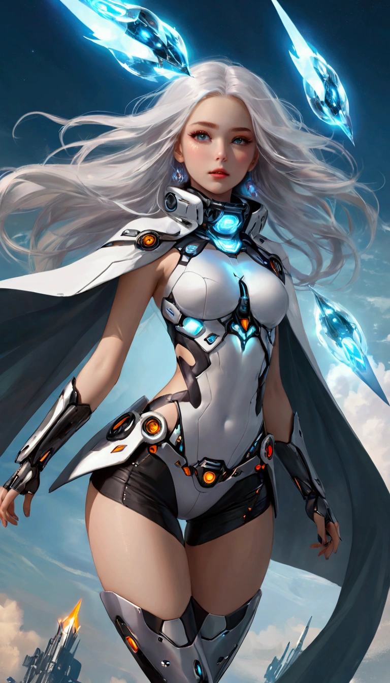 A beautiful girl wearing a cyberpunk-style mecha flying in the sky, cape, scarf, Long legs, Long white hair,Hair accessories, electricity，flame，ice，gem，cloud, Metal Material，Wood texture, Depth of Field, Blurred background,A fusion of aesthetics and dynamics,Wide-angle lens ,(masterpiece, Top quality, best quality, Official Art, beautiful and aesthetic:1.2), Fractal Art, rich and colorful, Glowing skin,