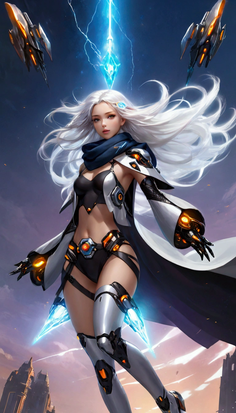 A beautiful girl wearing a cyberpunk-style mecha flying in the sky, cape, scarf, Long legs, Long white hair,Hair accessories, electricity，flame，ice，gem，cloud, Metal Material，Wood texture, Depth of Field, Blurred background,A fusion of aesthetics and dynamics,Wide-angle lens ,(masterpiece, Top quality, best quality, Official Art, beautiful and aesthetic:1.2), Fractal Art, rich and colorful, Glowing skin,