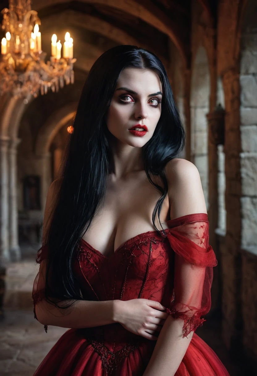 Best quality, masterpiece, ultra high res, (photorealistic: 1.4), raw photo, 1 girl and 1 vampire, off shoulder, cinematic lighting, kiss poses, heterochromia, black hair, a beautiful woman and a vampire seen full body inside the room of a castle. The vampire is touching the vagina of the woman dressed as a princess with long black hair, dressed in a red transparent dress. She puts her head back moaning with pleasure in a pose in the vampire's arms