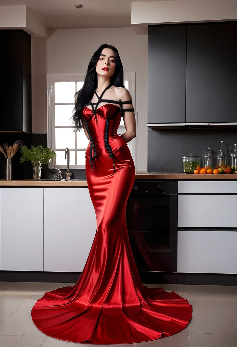 a woman in the red translucent silk gown, full body,long black straight hair, nipple on with nipple pearching, half neked, tiead in satin rope, tied tight, wearing sexy corset,mermaid tight long gown, flowy dramatic long gown, double long satin train ( 4 meter long ),walk in rush, in kitchen,red satin sheet, wear high heels, masterpice, 4k resolution, ultra-realistic, highly detail.