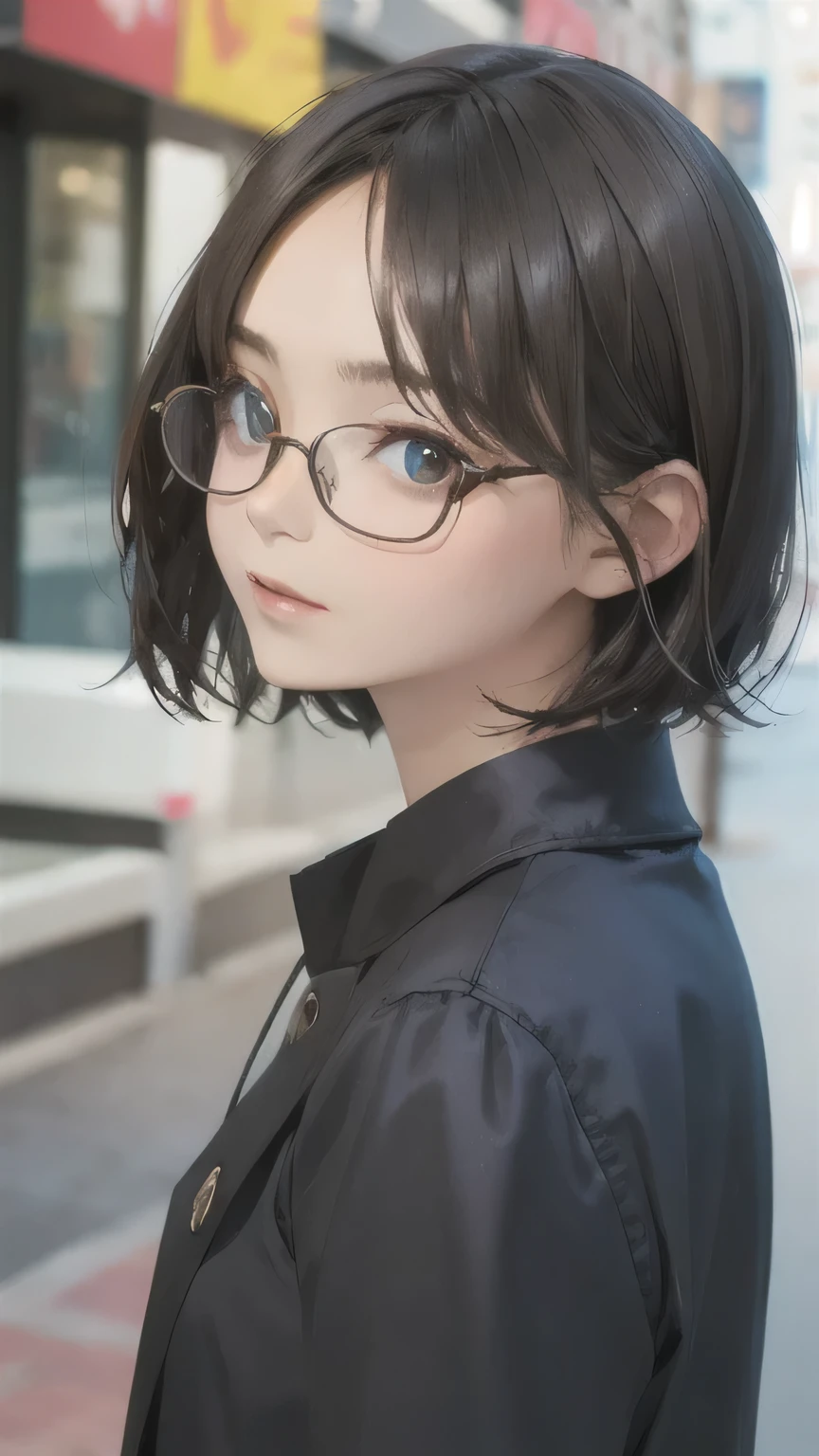 Portraiture,alone,20-year-old,Beautiful Face,Upper Body,Hair on one eye,Short Side Cut Hair, Brown Hair, Sharp focus,Glasses