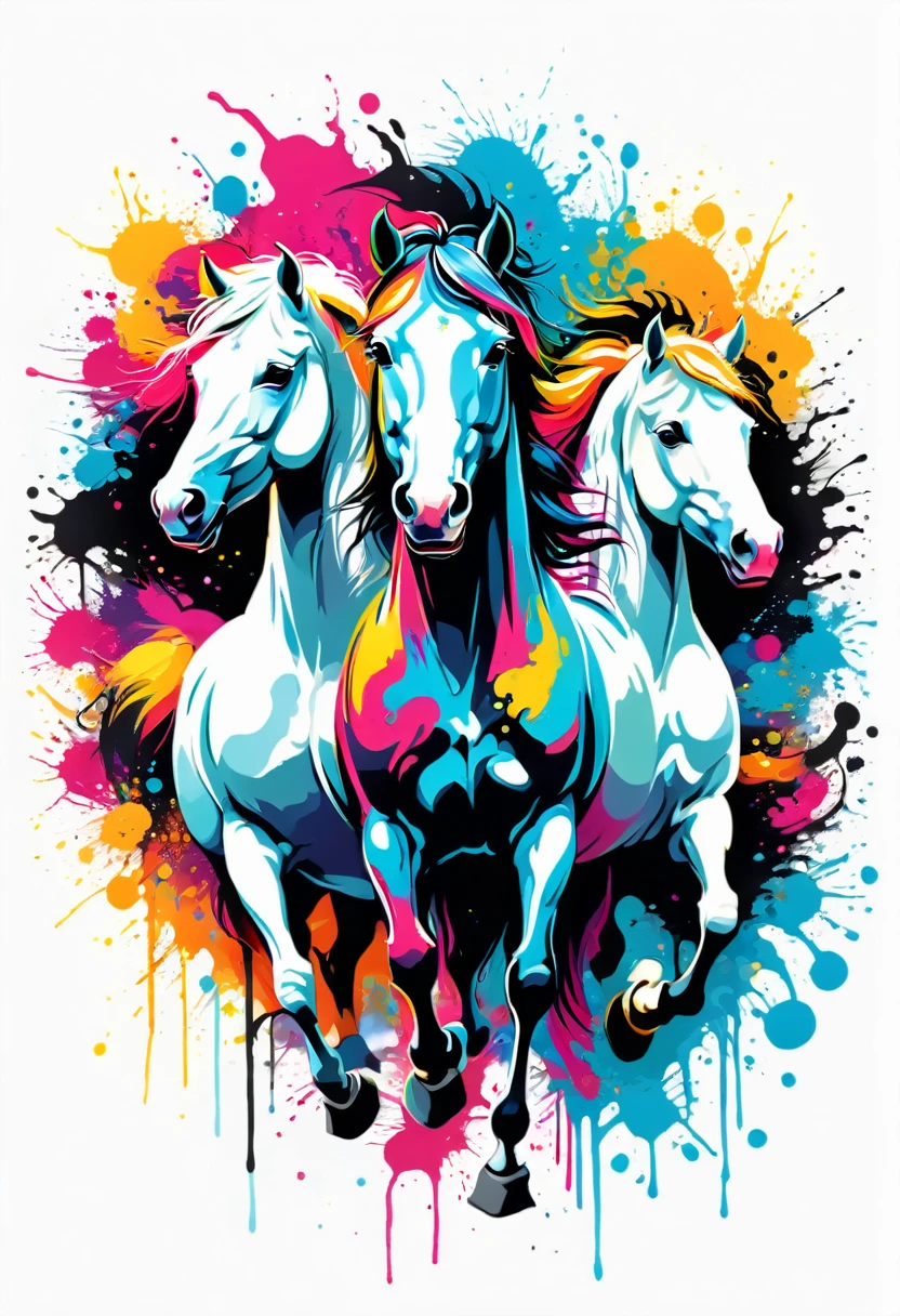 A t-shirt with vector art, downtown, colorful illustration of white and black horses, downtown, swirly vibrant colors, paint splashes and smears, high détail,White background, (work of art, best qualityer, proffesional, perfect composition, very aesthetic, absurdrez, super verbose, details Intricate:1.3)