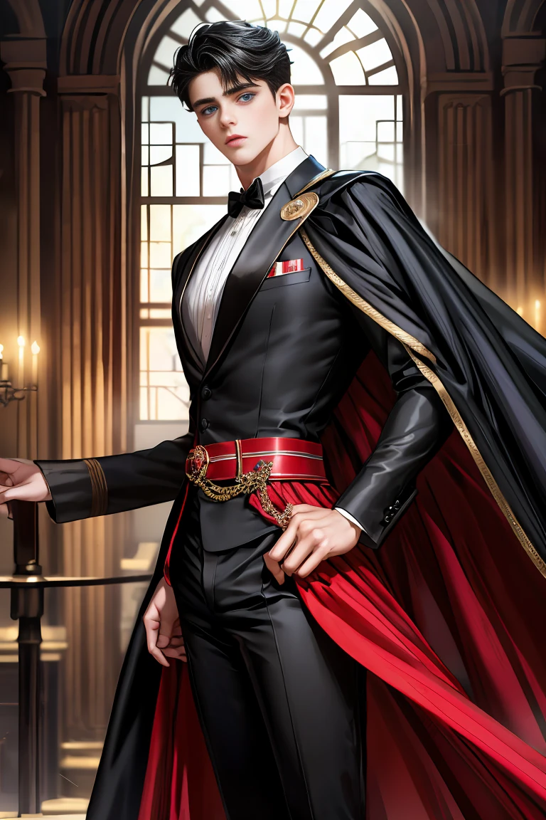 masterpiece, 最high quality, high quality, 1 boy, alone, Male focus, Watching the audience, Messy black hair, Adorable big blue eyes, White people, Noble, Noble,Sexy voluminous black and red cape、Tuxedo、A very voluminous, large, very large, very large, long, long red and black cape with a high stand-up collar, reaching down to the floor, made of a lot of fabric., 17 years old,Cute beautiful boys,Cute, cute, kind, handsome guy