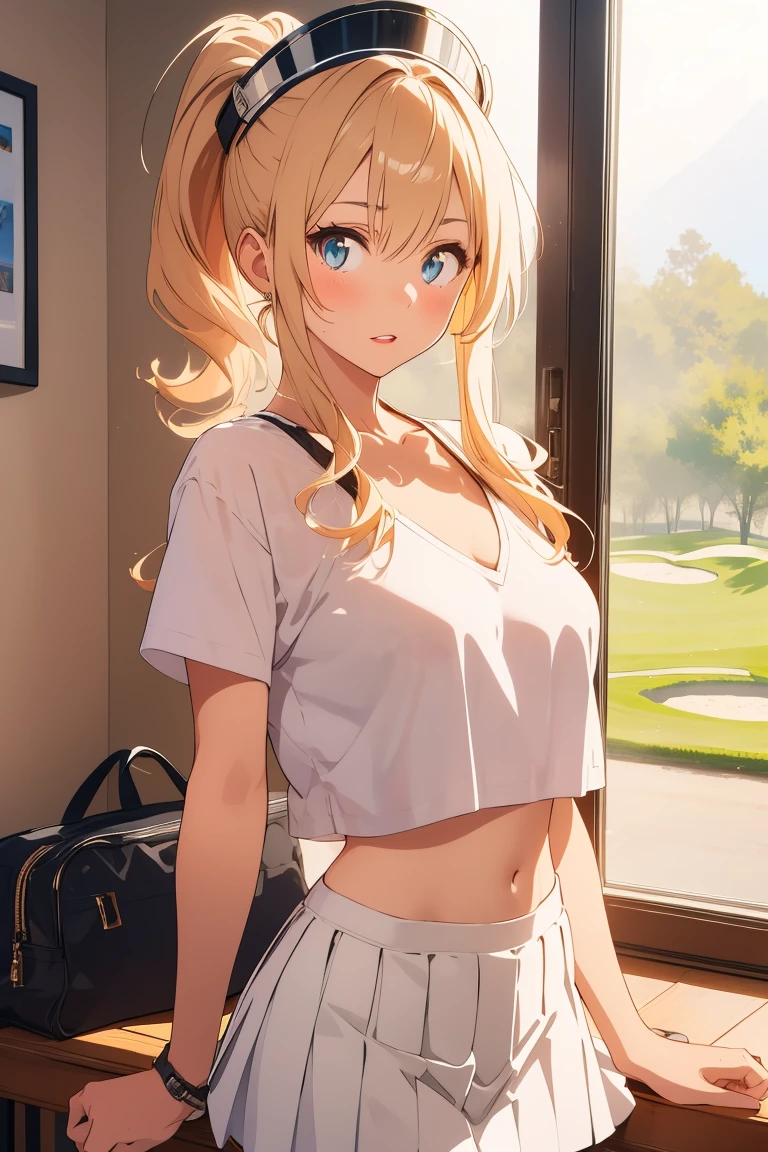 visual anime of a cute girl, best anime girl, Ecchi anime style, seductive lady, Big ,two blonde tails,detailed eyes and face,detailed lips,Beautiful detailed eyes,with white visor cap,White mini skirt,she wearing a white t-shirt,She is wearing a short-sleeved T-shirt with a low neckline and a black bra.., playing golf in a seductive pose.
