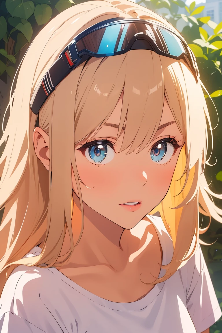 visual anime of a cute girl, best anime girl, Ecchi anime style, seductive lady, Big ,two blonde tails,detailed eyes and face,detailed lips,Beautiful detailed eyes,with white visor cap,White mini skirt,she wearing a white t-shirt,She is wearing a short-sleeved T-shirt with a low neckline and a black bra.., playing golf in a seductive pose.
