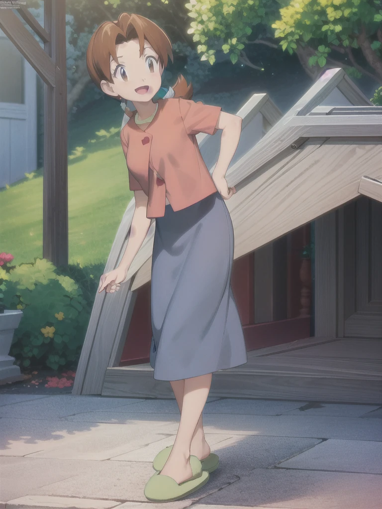 Delia_Ketchum 1girl, full body, looking at viewer, :d, open mouth, (extremely detailed CG unity 8k wallpaper), (masterpiece), (best quality), (ultra-detailed), (best illustration), (best shadow), (absurdres), finely detail, skirt, shirt, blue skirt, long skirt, pink shirt, slippers,