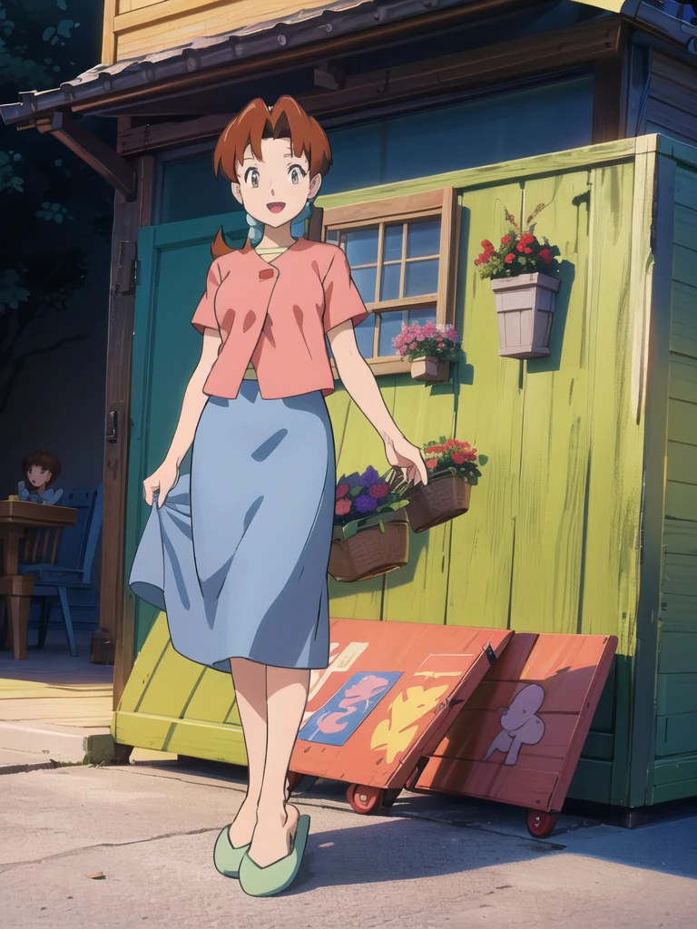 Delia_Ketchum 1girl, full body, looking at viewer, :d, open mouth, (extremely detailed CG unity 8k wallpaper), (masterpiece), (best quality), (ultra-detailed), (best illustration), (best shadow), (absurdres), finely detail, skirt, shirt, blue skirt, long skirt, pink shirt, slippers,