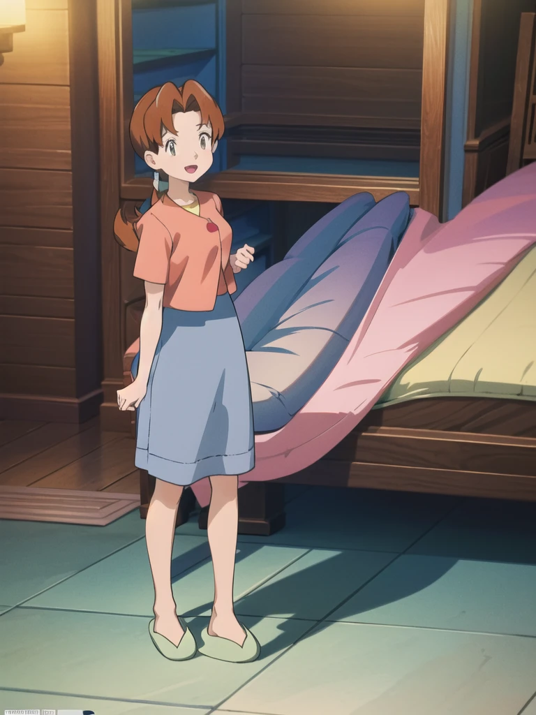 Delia_Ketchum 1girl, full body, looking at viewer, :d, open mouth, (extremely detailed CG unity 8k wallpaper), (masterpiece), (best quality), (ultra-detailed), (best illustration), (best shadow), (absurdres), finely detail, skirt, shirt, blue skirt, long skirt, pink shirt, slippers,