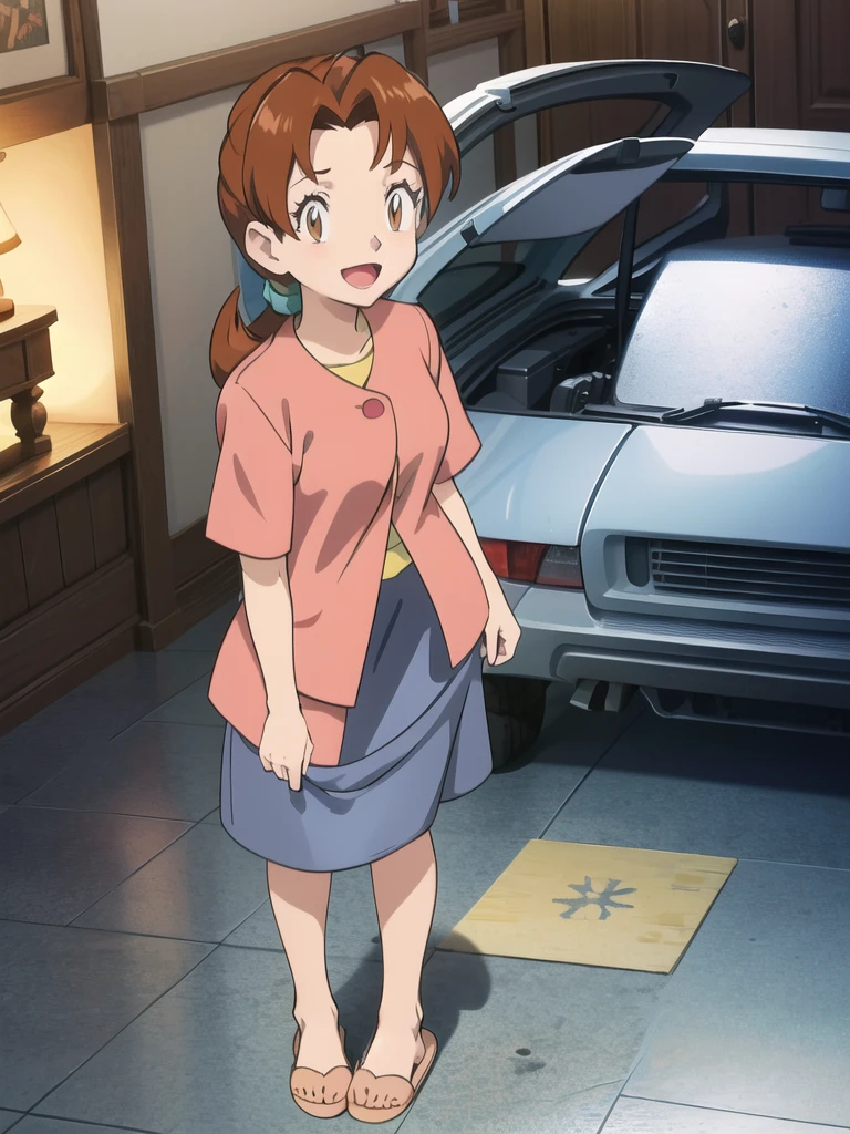 Delia_Ketchum 1girl, full body, looking at viewer, :d, open mouth, (extremely detailed CG unity 8k wallpaper), (masterpiece), (best quality), (ultra-detailed), (best illustration), (best shadow), (absurdres), finely detail, skirt, shirt, blue skirt, long skirt, pink shirt, slippers,