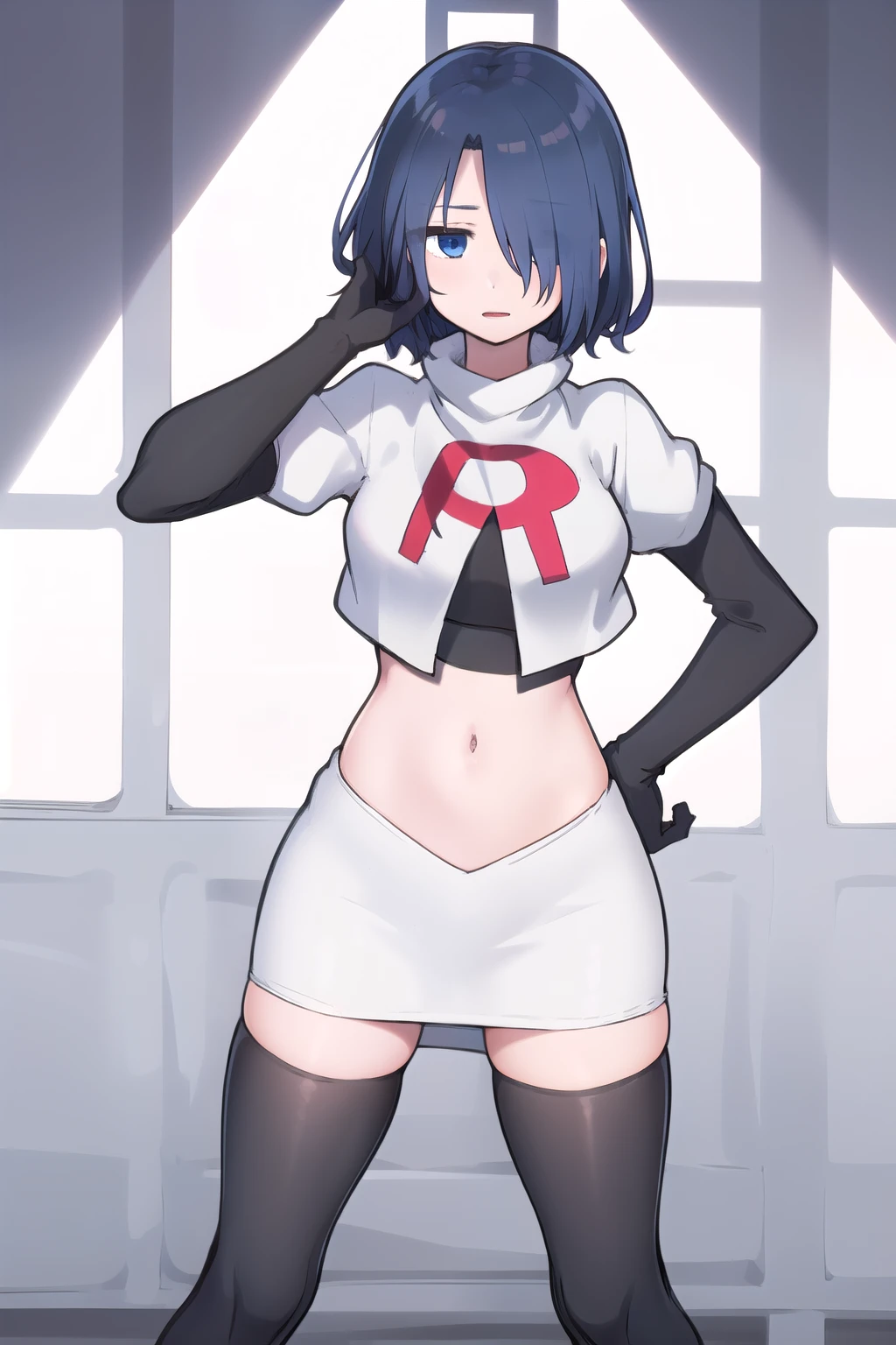 1girl,  kirishima touka, blue hair, hair over one eye, blue eyes, team rocket,team rocket uniform,white skirt,red letter R,crop top,black thigh-highs,black elbow gloves