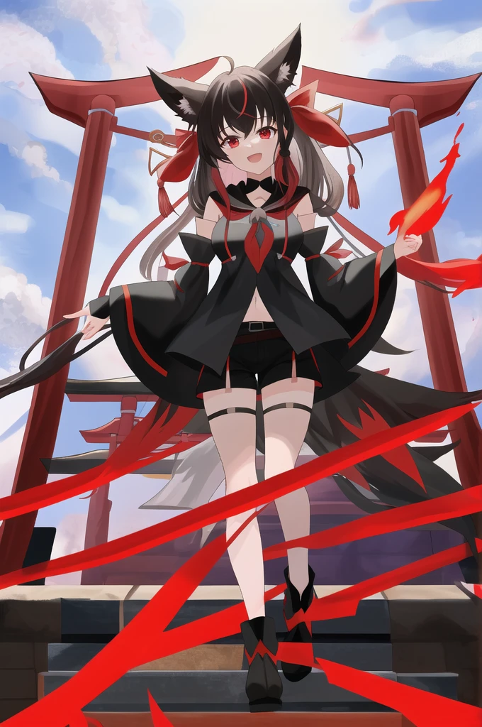 Hololive、Fubuki Kurokami、fubuki、masterpiece、high quality、最high quality、anime、Detailed eyes、Detailed face、shrine、torii、Black medium hair、Red eyes、Black Shirt、Shorts、Shorts、黒いShorts、Neck ribbon、Wide sleeves、short boots、Open your mouth、happiness、smile、