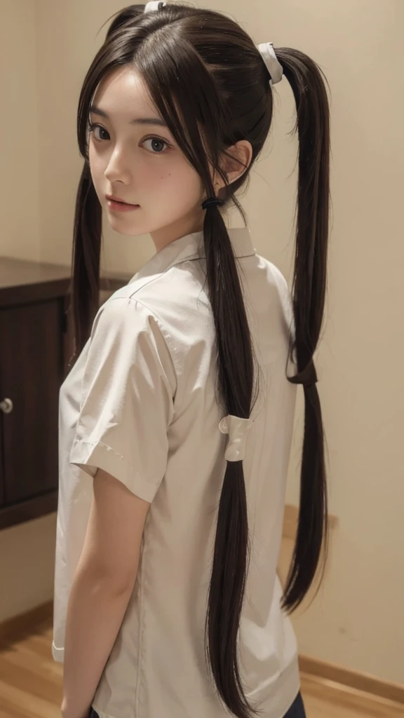 8k, Highest quality, masterpiece, Realistic, Super detailed, photo Realistic, Improvement of quality, 
Photo of a girl with twin tails, The designer&#39;s dark and gloomy style, Large chunk, Photobash, Calm face, Jagged Edges, navy, Natural Beauty, Close-up shot
