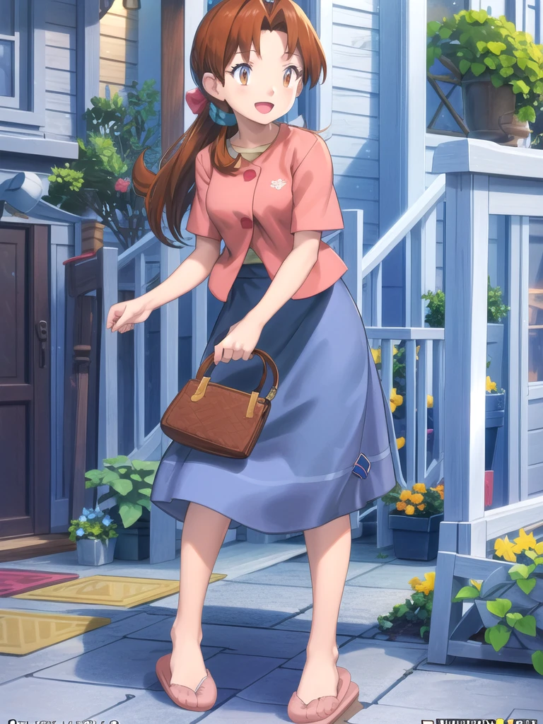 Delia_Ketchum 1girl, full body, looking at viewer, :d, open mouth, (extremely detailed CG unity 8k wallpaper), (masterpiece), (best quality), (ultra-detailed), (best illustration), (best shadow), (absurdres), finely detail, skirt, shirt, blue skirt, long skirt, pink shirt, slippers,