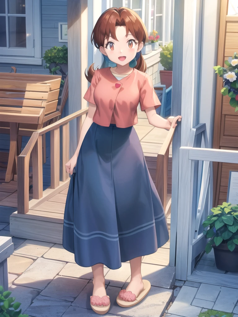 Delia_Ketchum 1girl, full body, looking at viewer, :d, open mouth, (extremely detailed CG unity 8k wallpaper), (masterpiece), (best quality), (ultra-detailed), (best illustration), (best shadow), (absurdres), finely detail, skirt, shirt, blue skirt, long skirt, pink shirt, slippers,