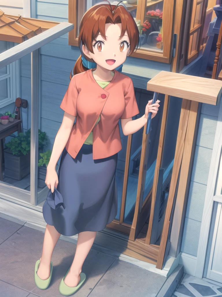 Delia_Ketchum 1girl, full body, looking at viewer, :d, open mouth, (extremely detailed CG unity 8k wallpaper), (masterpiece), (best quality), (ultra-detailed), (best illustration), (best shadow), (absurdres), finely detail, skirt, shirt, blue skirt, long skirt, pink shirt, slippers,