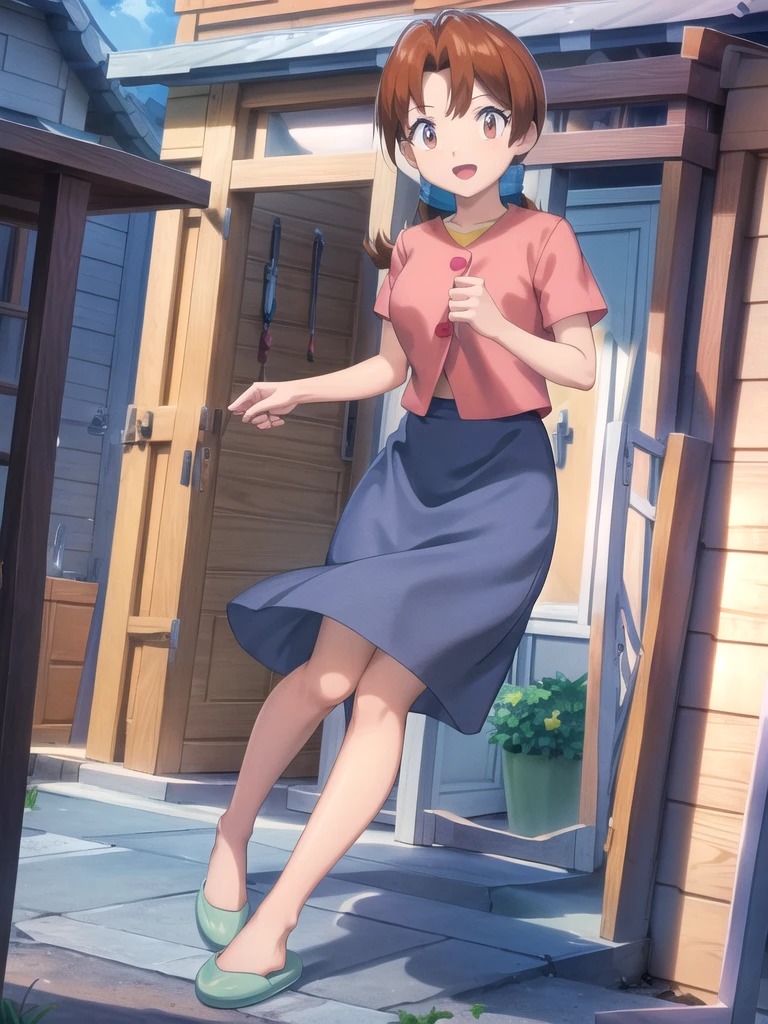 Delia_Ketchum 1girl, full body, looking at viewer, :d, open mouth, (extremely detailed CG unity 8k wallpaper), (masterpiece), (best quality), (ultra-detailed), (best illustration), (best shadow), (absurdres), finely detail, skirt, shirt, blue skirt, long skirt, pink shirt, slippers,