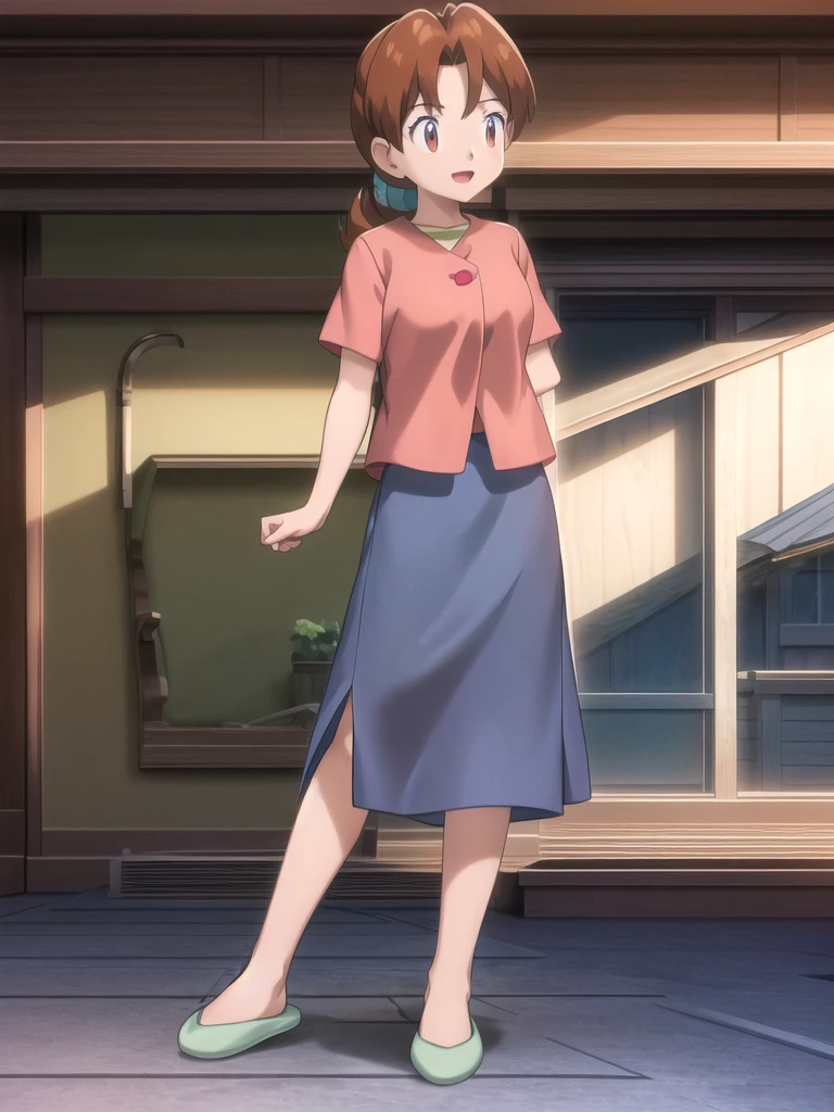 Delia_Ketchum 1girl, full body, looking at viewer, :d, open mouth, (extremely detailed CG unity 8k wallpaper), (masterpiece), (best quality), (ultra-detailed), (best illustration), (best shadow), (absurdres), finely detail, skirt, shirt, blue skirt, long skirt, pink shirt, slippers,