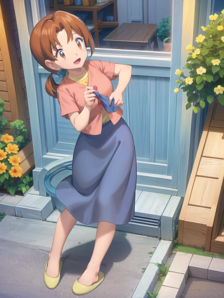 Delia_Ketchum 1girl, full body, looking at viewer, :d, open mouth, (extremely detailed CG unity 8k wallpaper), (masterpiece), (best quality), (ultra-detailed), (best illustration), (best shadow), (absurdres), finely detail, skirt, shirt, blue skirt, long skirt, pink shirt, slippers,