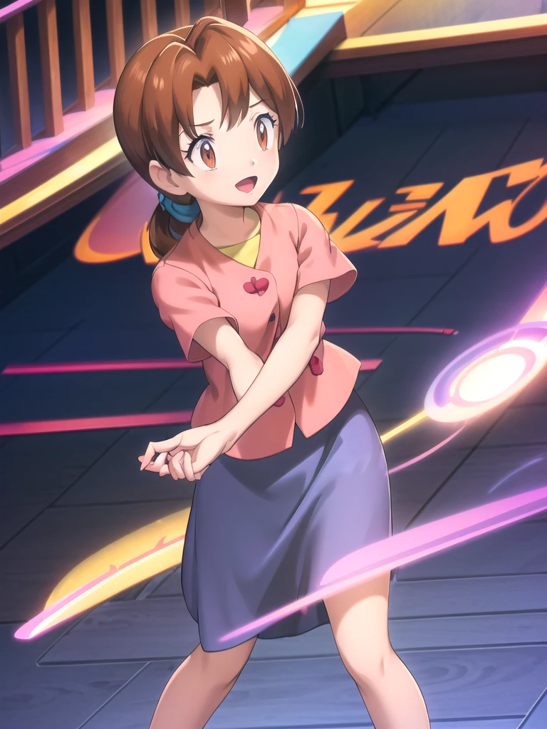 Delia_Ketchum 1girl, full body, looking at viewer, :d, open mouth, (extremely detailed CG unity 8k wallpaper), (masterpiece), (best quality), (ultra-detailed), (best illustration), (best shadow), (absurdres), finely detail, skirt, shirt, blue skirt, long skirt, pink shirt, slippers,