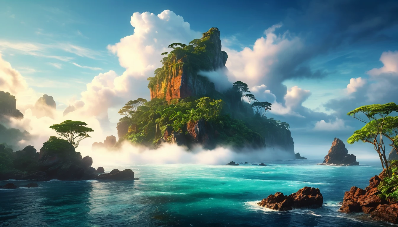A mysterious island emerging from the mist in the middle of the ocean, dramatic cloud formations, vivid colors, dramatic lighting, volumetric fog, detailed rocky shoreline, dense tropical foliage, ancient ruins, (best quality,4k,8k,highres,masterpiece:1.2),ultra-detailed,(realistic,photorealistic,photo-realistic:1.37),cinematic,dramatic composition,moody atmosphere,dramatic lighting,glowing mist,realistic textures,volumetric clouds,epic scale