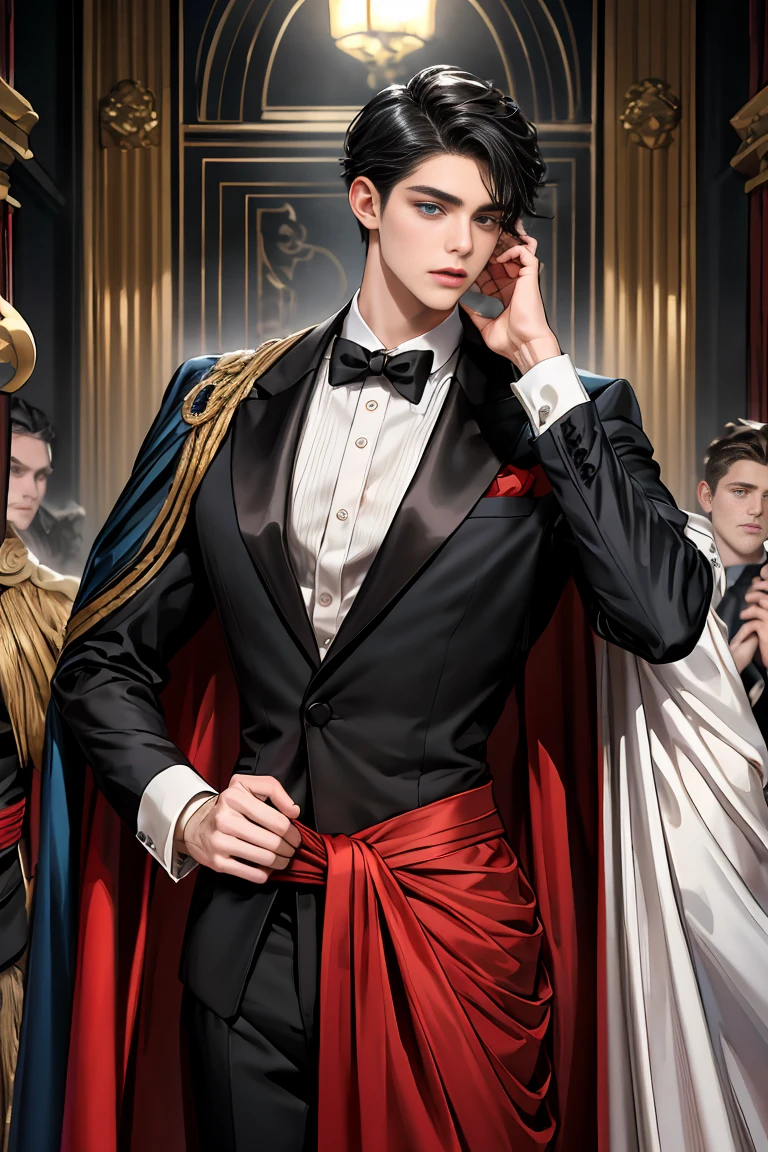 masterpiece, 最high quality, high quality, 1 boy, alone, Male focus, Watching the audience, Messy black hair, Adorable big blue eyes, White people, Noble, Noble,Sexy voluminous black and red cape、Tuxedo、A very voluminous, large, very large, very large, long, long red and black cape with a high stand-up collar, reaching down to the floor, made of a lot of fabric., 17 years old,Cute beautiful boys,Cute, cute, kind, handsome guy
