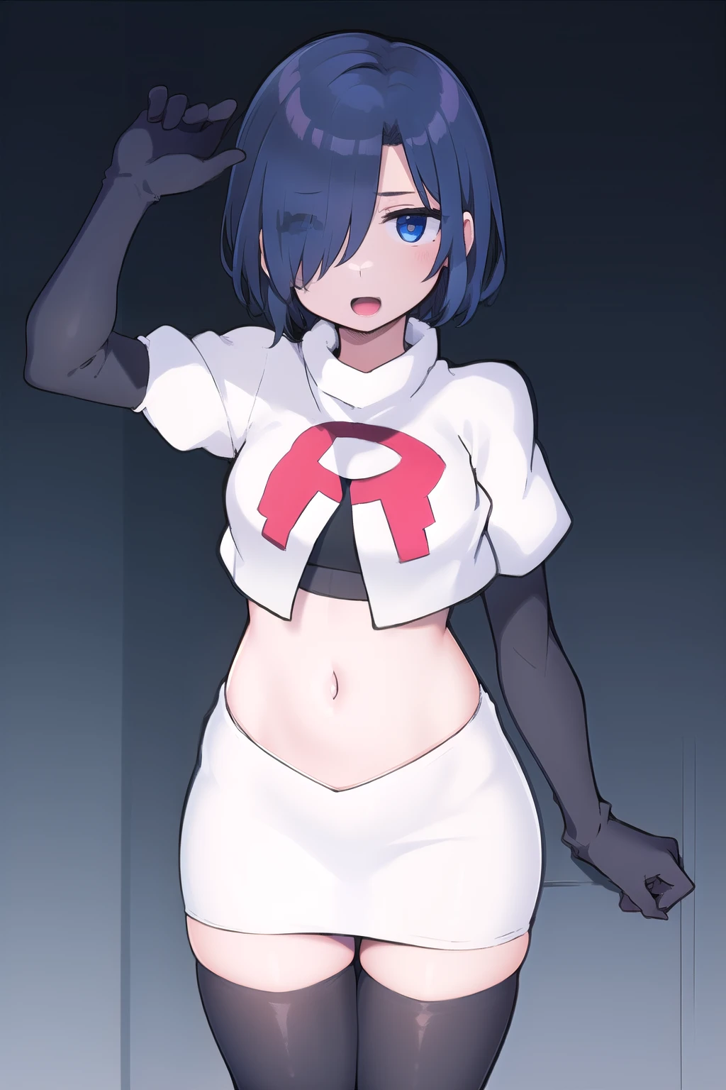 1girl,  kirishima touka, blue hair, hair over one eye, blue eyes, team rocket,team rocket uniform,white skirt,red letter R,crop top,black thigh-highs,black elbow gloves