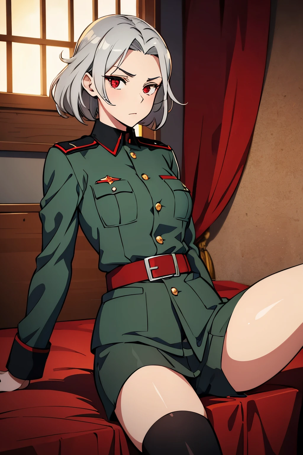 Sexy woman Soviet officer with silver short messy hair,Long sideburns and red eye.tsurime,1940,The background is the officer's quarters